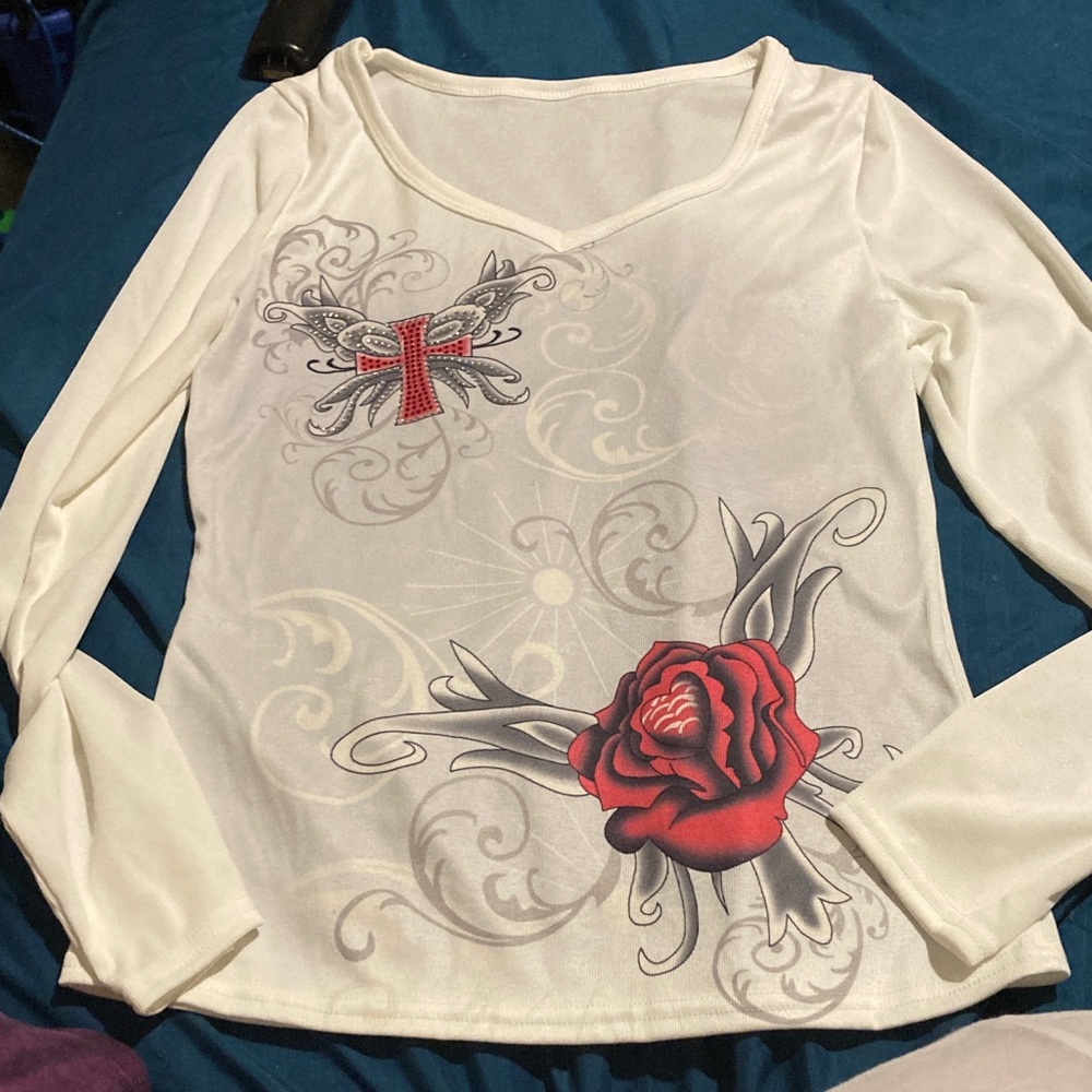 Elegant White and Red Rose Graphic Blouse